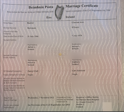 Eheurkunde (IRL) Marriage Certificate