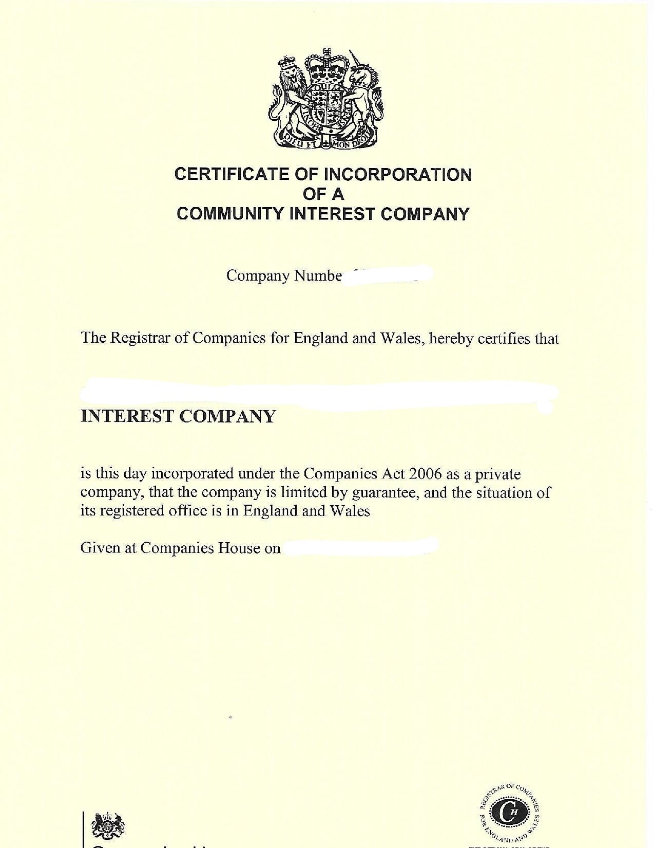 Certificate of Incorporation (UK)
