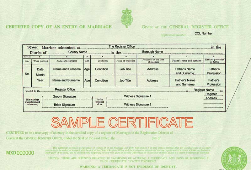 Certified Copy of an Entry of Marriage (UK)
