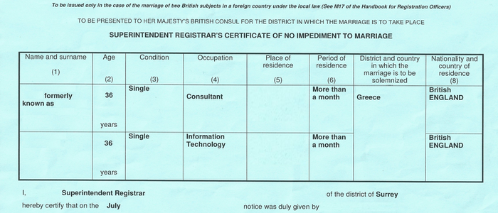 Ehefähigkeitszeugnis (GBR) Certificate of No Impediment